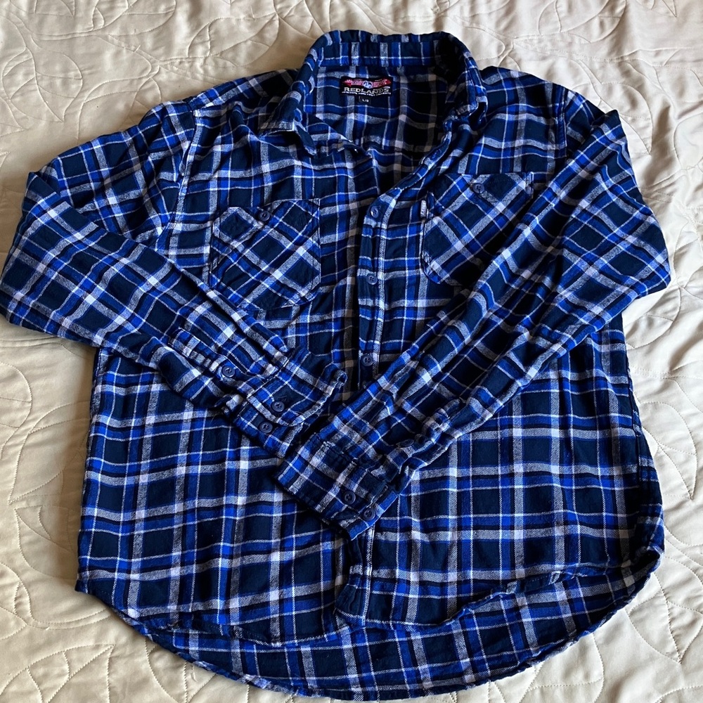 Men's Blue Plaid Button-Down Shirt by Redlands, Industrial Work Force Garments.